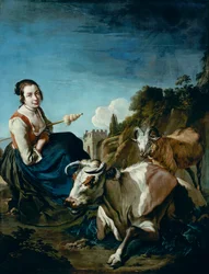 Een meisje met een koe en schapen in een rotsachtig landschap, c.1700