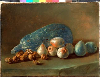 Stilleven met pompoen, peren en walnoten