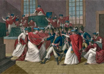 De staatsgreep van 18 brumaire (9 november 1799). Napoleon Bonaparte (1769-1821) wierp het Directoire omver en werd eerste consul - Staatsgreep van brumaire, jaar VIII - Op 19 brumaire van jaar VIII (10 november 1799) ontbond Bonaparte de Raad van