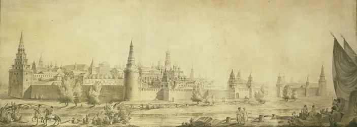 Panoramisch uitzicht op het Kremlin van Moskou tegen het einde van de 18e eeuw, eind 1790s