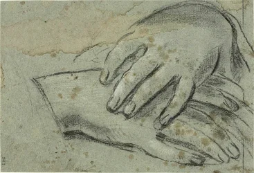 Gekruiste handen (recto); rechtervoet, gedeeltelijk bedekt door draperie (verso)