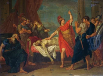 Achilles zweert eed op het lichaam van Patroclus, schilderij door Giacomo Conca (1787-1852)