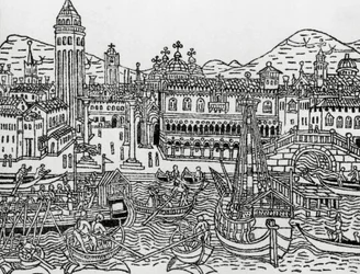 Uitzicht op Venetië in de 15e eeuw, Italië, houtsnede, uit Supplementum chronicarum door Giacomo Filippo Foresti (1434-1520)
