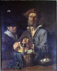 Een Oude Boer en een Dienstmeid aan een Tafel