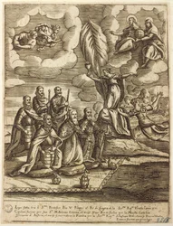 Allegorie van de Heilige Liga van 1571 gesloten door paus Pius V, Filips van Spanje en Doge van Venetië Alvise Mocenigo, gravure door Giacomo Franco (1556-1620)