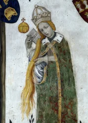 Voorstelling van de markgraven van Saluzzo en hun echtgenotes als historische en mythologische helden en heldinnen. Detail: Beatrice Visconti als Aetiope, echtgenote van Frederico I. 1418-30