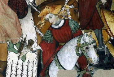 De jeugdbron. Detail: een valkenier met zijn vogel. 1418-30