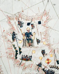Voorstelling van de koning van Spanje en de kusten van Europa en Noord-Afrika (portulan)