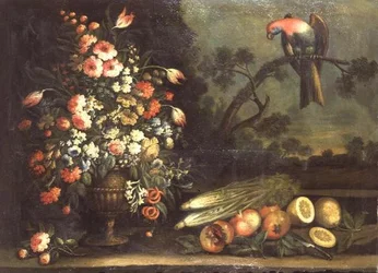 Stilleven, gemengde bloemen, groenten en papegaai
