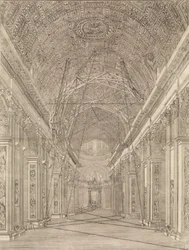 Steigers opgericht voor de restauratie van het gewelf in de Sint-Pietersbasiliek: Overzicht... (ca. 1773)