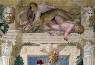 Putti met een windhond en mascarons