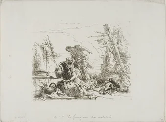 Een vrouw met haar armen in kettingen en vier andere figuren, uit Capricci