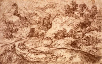 Bergachtig Landschap met een Liggende Vrouwelijke Figuur