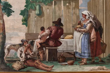 Boerenfamilie aan tafel, uit de kamer van rustieke scènes, in de Foresteria (Gastenverblijf) 1757 (fresco)