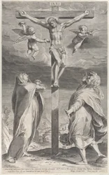 Kruisiging met de Maagd Maria en Sint Johannes de Evangelist, engelen boven