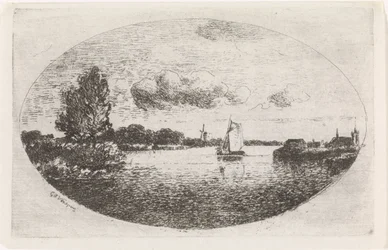 Riviergezicht met een zeilschip