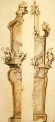 Ontwerp van een kast voor klok en barometer met thermometer, twee versies, begin jaren 1730