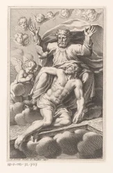 Drieëenheid op wolken omgeven door cherubs