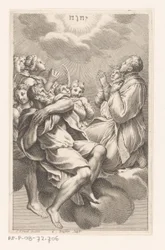Groep mannen en vrouwen op wolken in aanbidding voor het tetragram