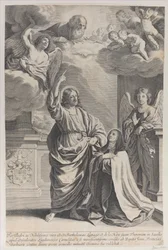 Sint Theresa biddend naast Christus, die naar God de Vader wijst