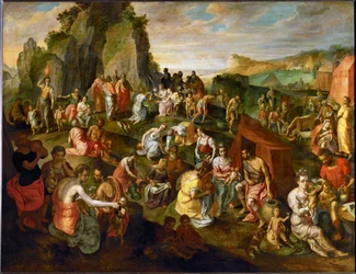 Mozes put water uit de rots (schilderij op eikenhout)