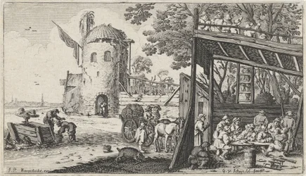Boeren rond een tafel in een schuur (de Smaak) Landschappen met de vijf zintuigen