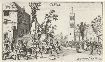 Gevecht bij een herberg (de Tastzin) Landschappen met de vijf zintuigen (serie)