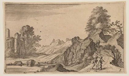 Voetgangers op een pad langs rotsen, ruïnes achter water links, uit Twaalf Landschappen