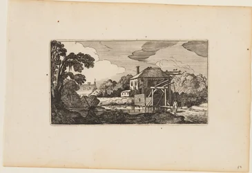Vijver voor houten brug en een huis, uit Twaalf landschappen met figuren