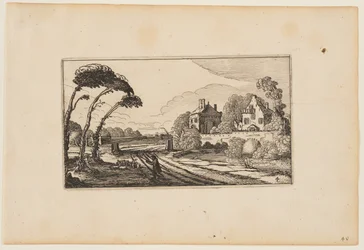 Weg links van een ommuurd landhuis, uit Twaalf landschappen met figuren