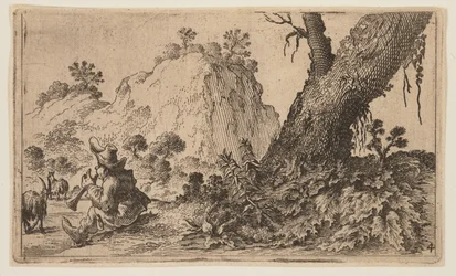 Herder die een blokfluit speelt voor een kudde geiten, uit Twaalf Landschappen