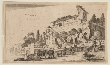 Villa met ruïnes op een heuvel rechts van de rivier, uit Twaalf Landschappen