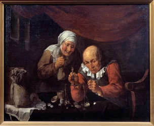 Het hebzuchtige paar van oude mannen die hun bezittingen wegen. Schilderij door Gillis Van Tilborgh