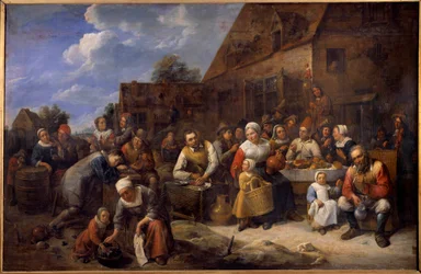 Het dorpsbanket. Feestscène in een dorp, boeren aan tafel. Schilderij door Gillis Van Tilborgh de jonge. 17e eeuw. Rouen, Museum voor Schone Kunsten