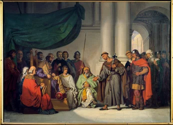 Eerste Kruistocht: De Oosterse keizer Alexis Comnene ontvangt Peter de Kluizenaar in Constantinopel in augustus 1096
