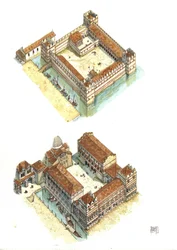 Luchtfoto van de bouwfasen van het Dogenpaleis (of Hertogelijk Paleis of Palazzo Ducale) op het San Marcoplein in Venetië in de 7e en 12e eeuw. Italië