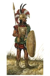 Het oude Rome (archaïsch 753-530 v.Chr.): afbeelding van een krijgerwapen, helm, schild, speer (monarchale periode van de 8e eeuw v.Chr.)