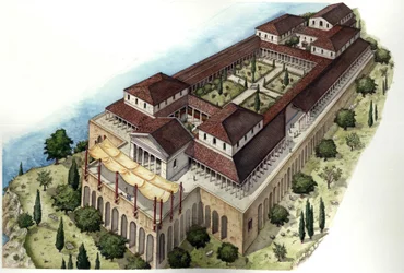 Rome uit de oudheid: reconstructie van de Romeinse villa Catulle of Cave di Catullo, woonplaats van de gelijknamige Latijnse dichter (1e eeuw v.Chr.), gelegen rond Sirmione, aan de meridionale oever van het Gardameer (lago di Garda). Italië.