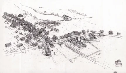 Het oude Rome: reconstructie van een dorp in Romeins Bretagne (Britannia of eiland Bretagne) in de 2e eeuw. Illustratie door Giorgio Albertini. (Het gebruik van de werken van deze auteur is niet onderworpen aan een aanvraag voor toestemming van een derde p