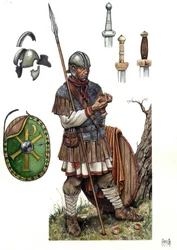 Oud Rome: soldaat van de Romeinse infanterie, 5e of 6e eeuw.