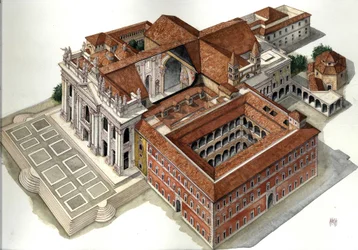 Barokarchitectuur: reconstructie van de Basiliek van Sint-Jan Lateranen (Sint-Jan Laterano of San Giovanni in Laterano) (17e-18e eeuw) Rome Illustratie door Giorgio Albertini. (Het gebruik van de werken van deze auteur is niet onderworpen aan een aanvraag 