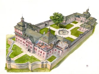 Barokarchitectuur: reconstructie van het kasteel Wolfsthurn, Mareta, Bolzano, Italië Illustratie door Giorgio Albertini. (Het gebruik van de werken van deze auteur is niet onderworpen aan een verzoek om toestemming van een derde partij of aan de betaling v