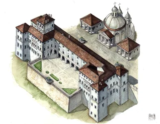 Barokkunst: luchtfoto van het paleis Chigi a Ariccia, Lazio, in de 17e eeuw. Italië