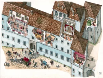 Barokkunst: aanzicht en architecturale doorsnede van het paleis Chigi a Ariccia, Lazio, in de 17e eeuw. Het interieur van de familiekamers en de bijgebouwen van de bedienden zijn zichtbaar. Italië