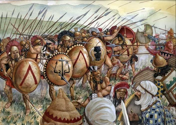 Slag bij Thermopylae: het leger van de Spartanen onder bevel van Leonidas I strijdt tegen de Perzen in 480 v.Chr.