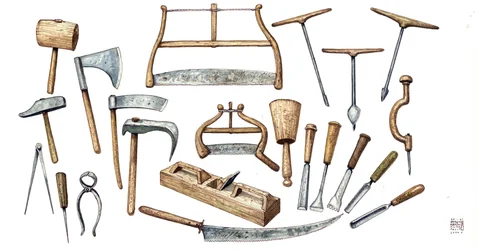 Bord met de beschrijving van het gereedschap dat de timmerman gebruikt: bijl, kompas, hamer, tang, zaag, boor.
