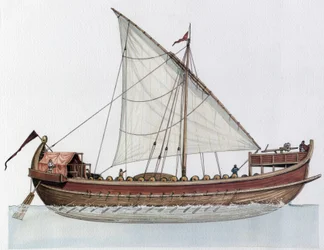 Byzantijnse Rijk: reconstructie van een dromon, oorlogsschip, 9e-11e eeuw.