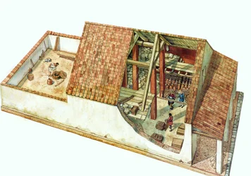Byzantijnse architectuur: reconstructie van een Klassewinkel, magazijn van het Classe-dokkengebied, haven van de stad Ravenna (Ravenna) ten tijde van keizer Justinianus. Italië 7e eeuw. In de doorsnede van het gebouw kun je de opgeslagen goederen zien.