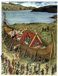 Begrafenisceremonie onder de Vikingen, de overledene wordt in een mislukte boot (drakkar) geplaatst, gevuld met geofferde dieren en voorwerpen uit de uitvaartuitzet, wachtend op verbranding. 10e eeuw