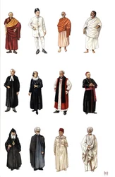Kostuums en jurken van leden van de geestelijkheid van verschillende religies, boeddhistische monnik, orthodoxe, kardinaal, protestantse dominee.